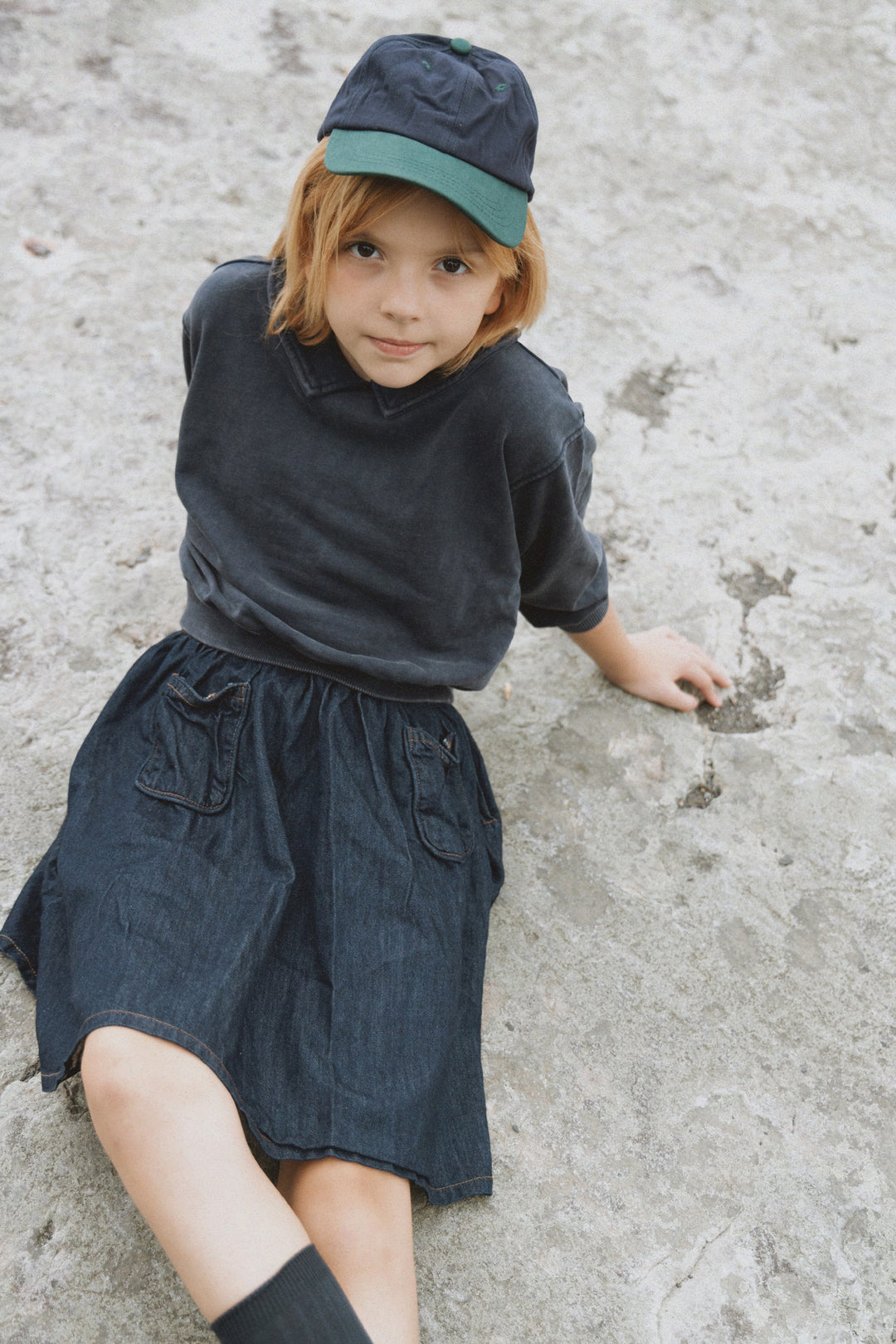 skirt denim circle with piped pockets - washed blue