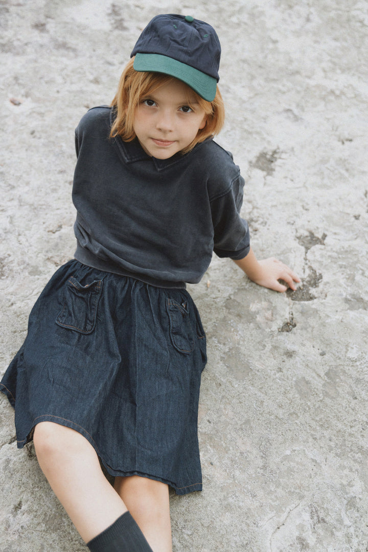 skirt denim circle with piped pockets - washed blue