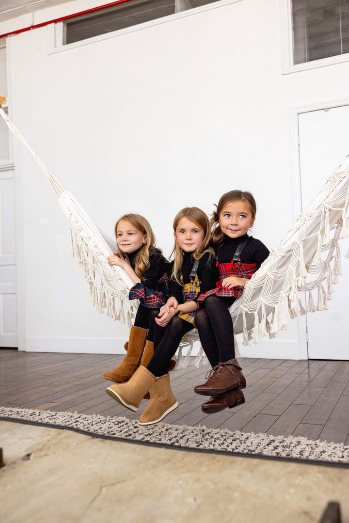 dress plaid jumper with leather straps - mustard