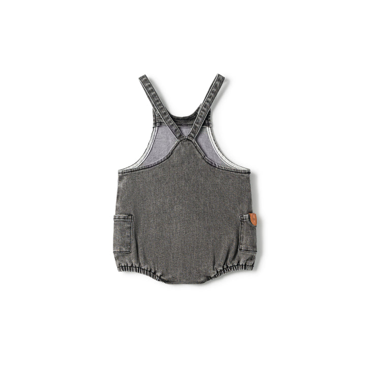 one piece denim sherpa patch bubble romper - black wash