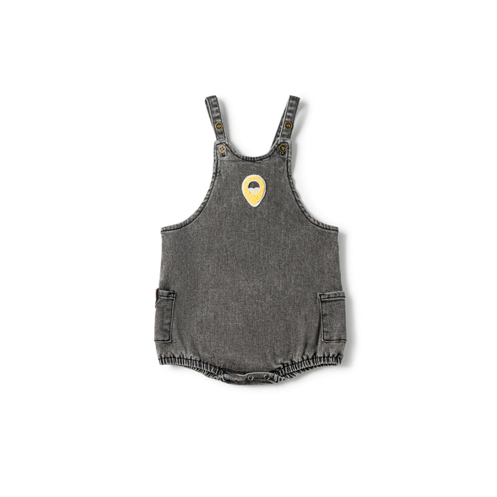 one piece denim sherpa patch bubble romper - black wash
