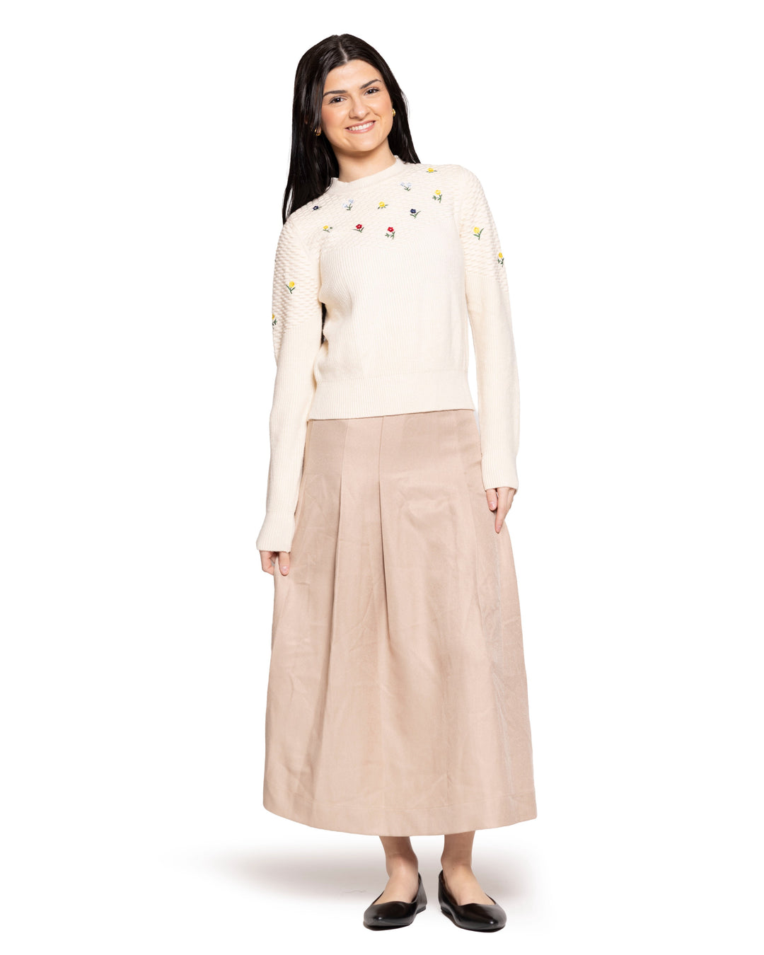 top l/s textured embroidered knit sweater - off white