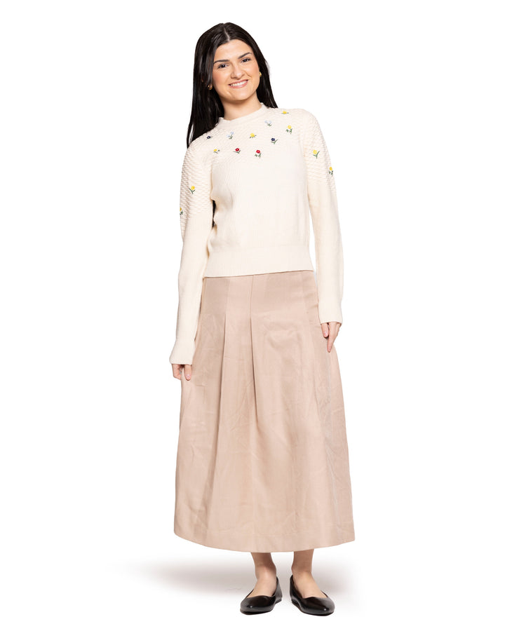 top l/s textured embroidered knit sweater - off white