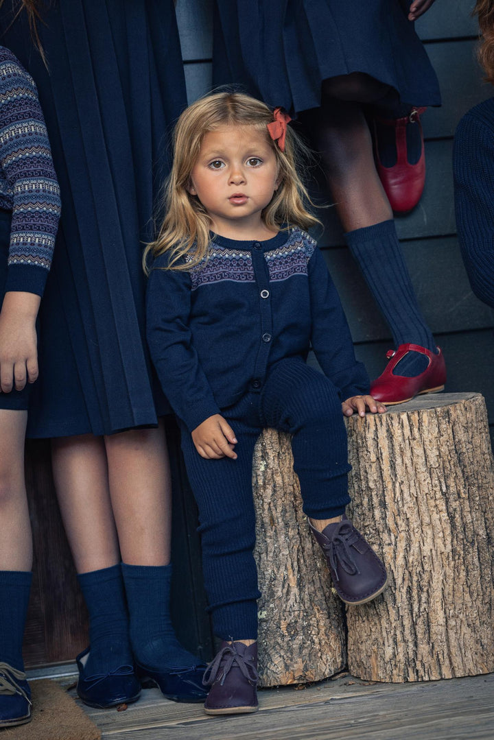 set knit fair isle cropped cardigan and overalls - dark navy