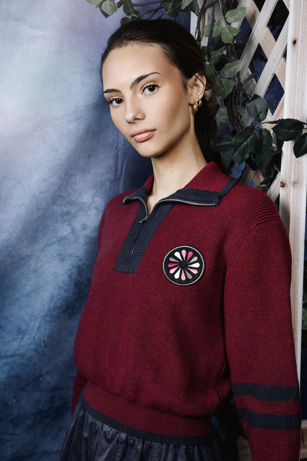 top l/s contrast trim ribbed knit half zip sweater - berry