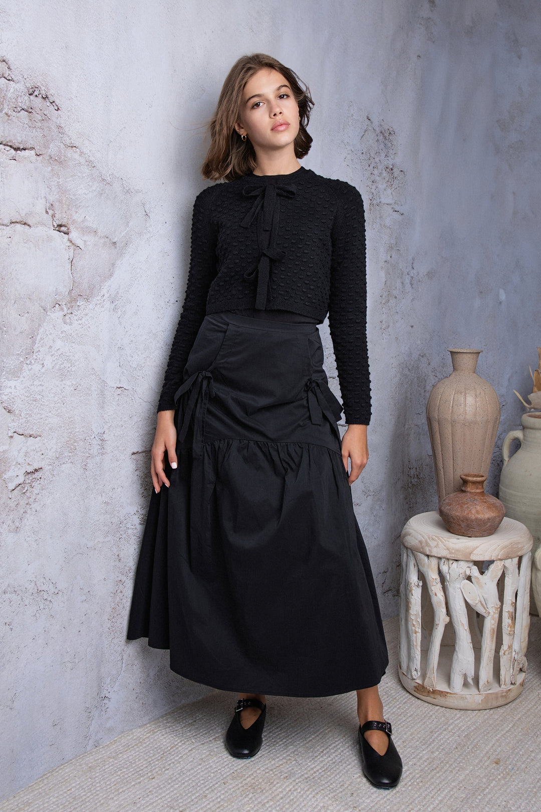 skirt midi with pocket bows - black