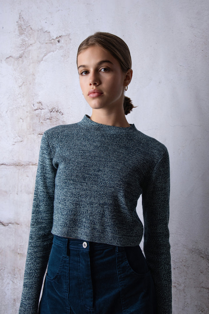 top l/s knit cropped marled - teal