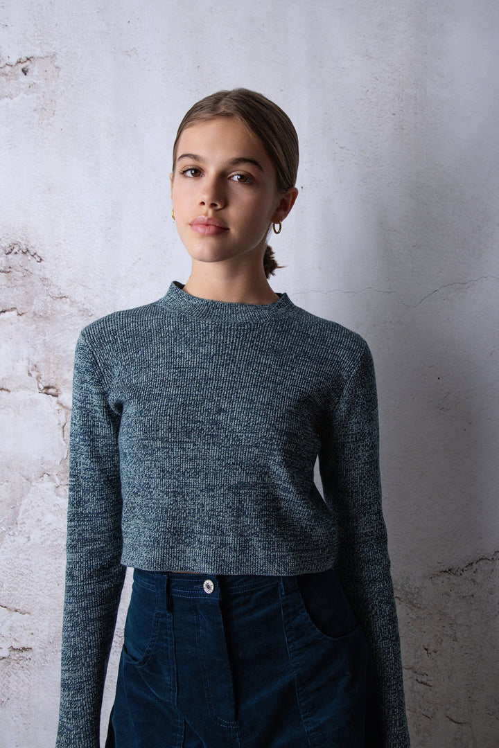 top l/s knit cropped marled - teal