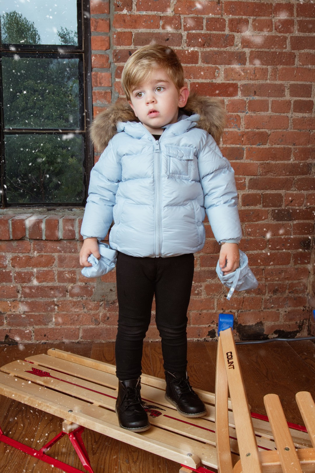 coat padded pockets with fur hood and detachable mittens - baby blue