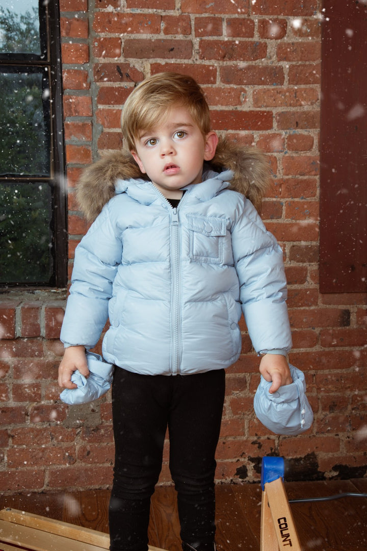 coat padded pockets with fur hood and detachable mittens - baby blue