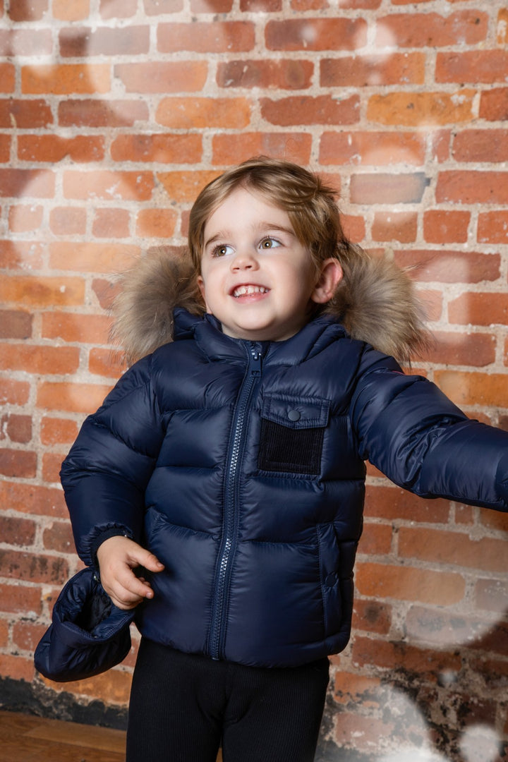 coat padded pockets with fur hood and detachable mittens - navy