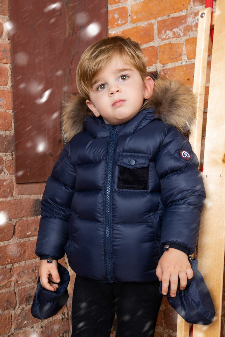 coat padded pockets with fur hood and detachable mittens - navy