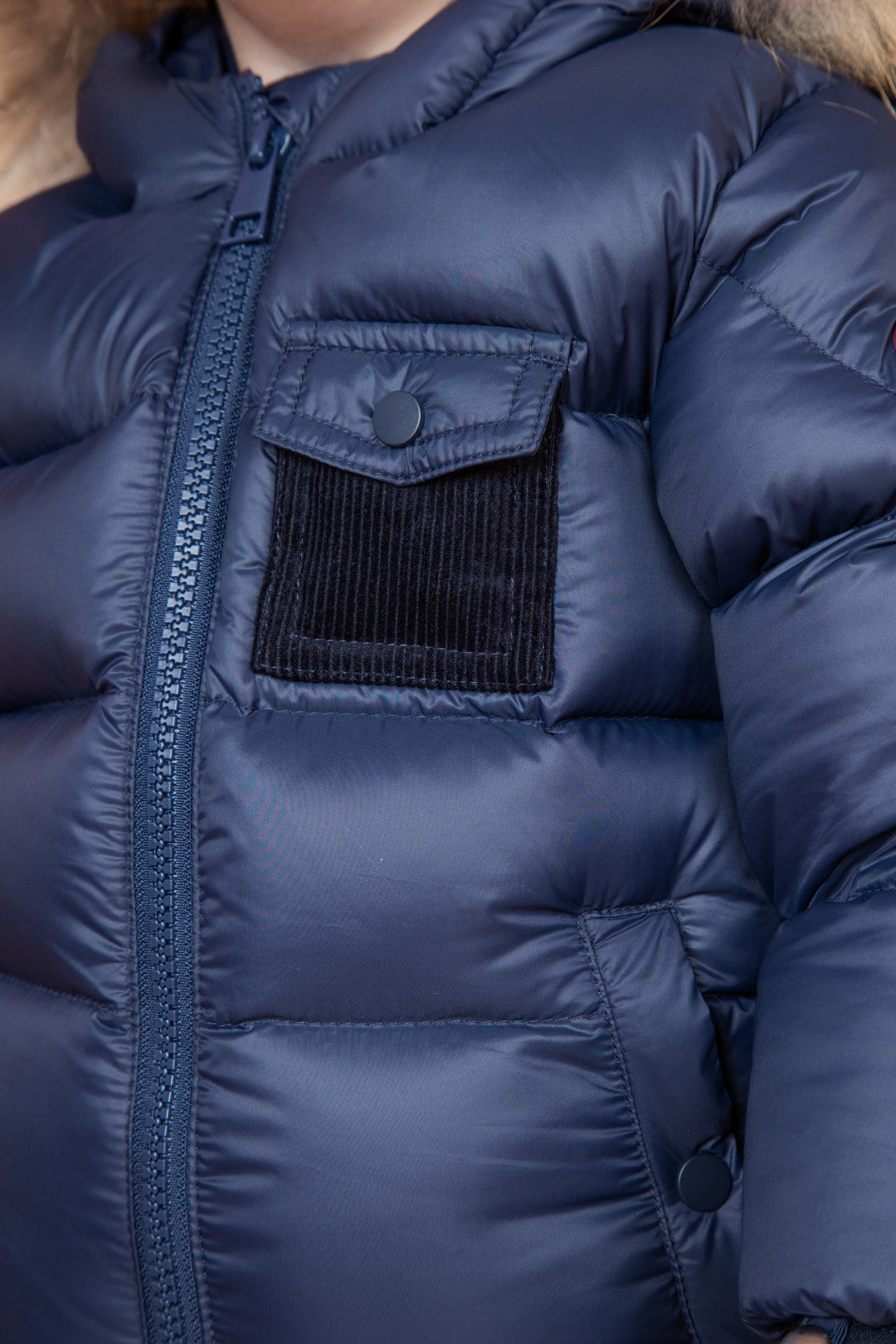 coat padded pockets with fur hood and detachable mittens - navy