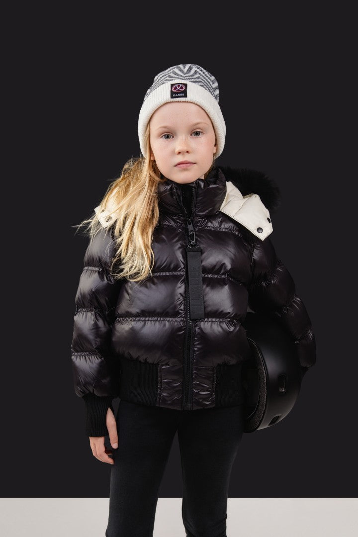 coat shiny padded bomber with tonal fur hood - black/white