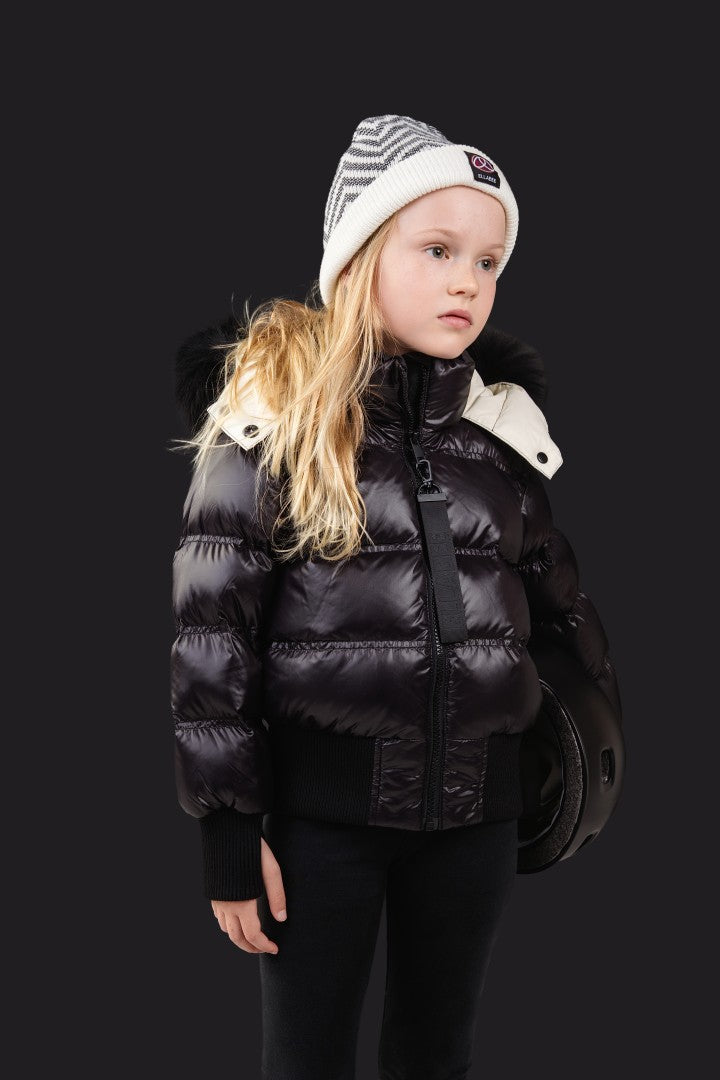 coat shiny padded bomber with tonal fur hood - black/white
