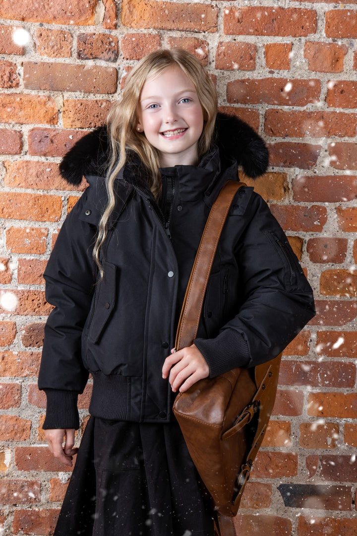 coat down bomber style with fur hood - black