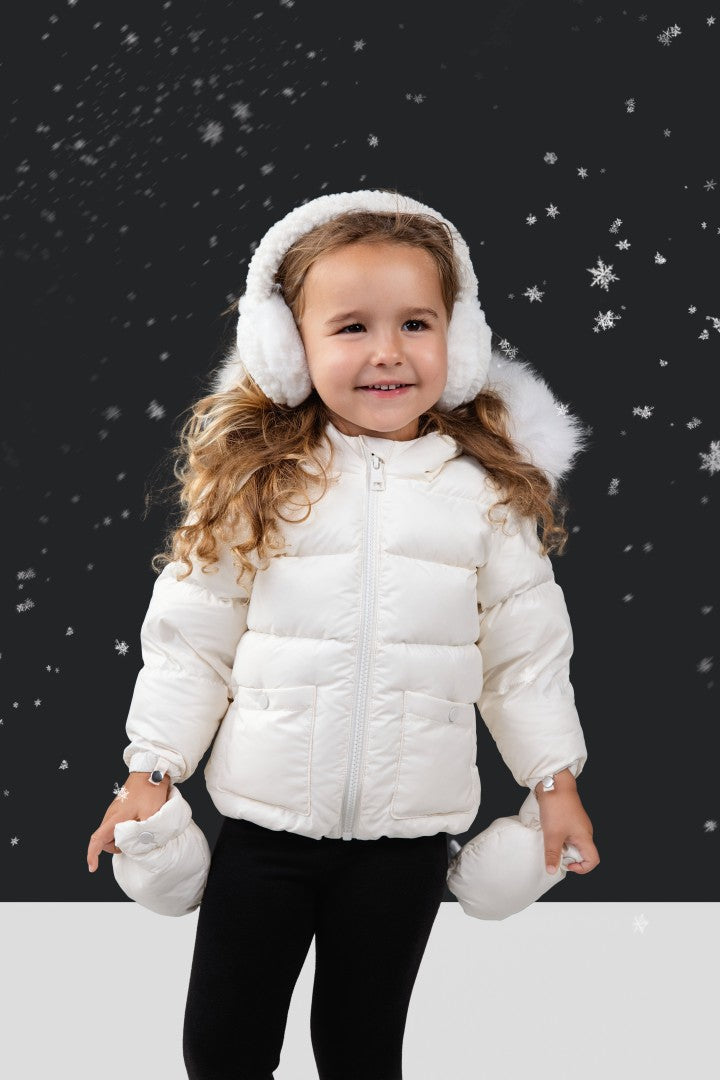 coat padded corduroy pockets with fur hood and detachable mittens - off white