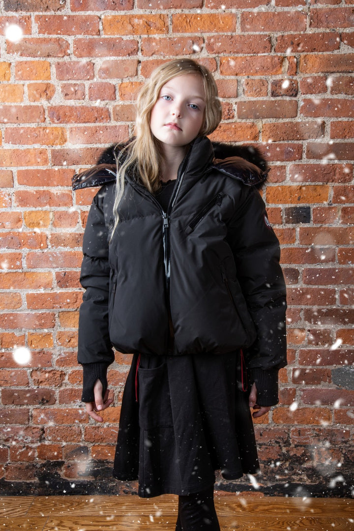 coat down drawstring with fur hood - black