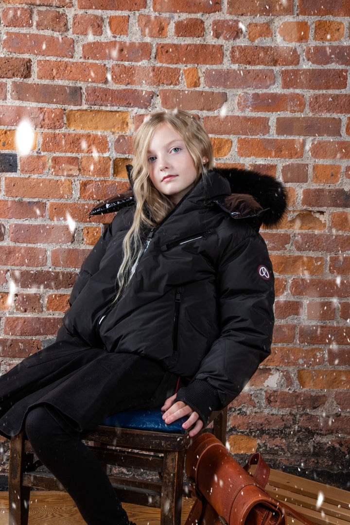 coat down drawstring with fur hood - black