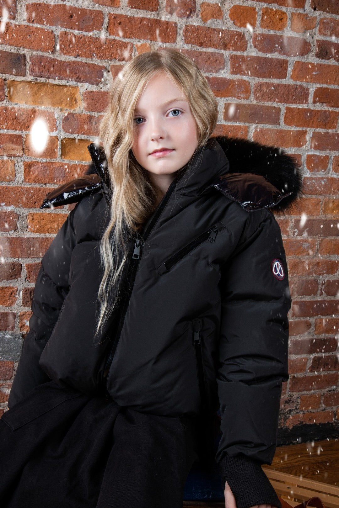 coat down drawstring with fur hood - black