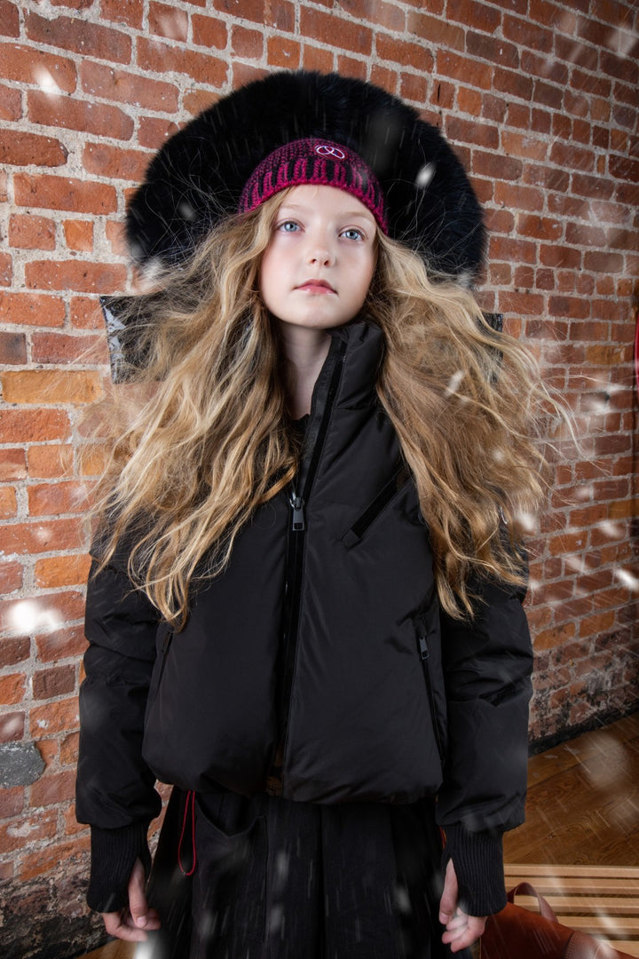 coat down drawstring with fur hood - black