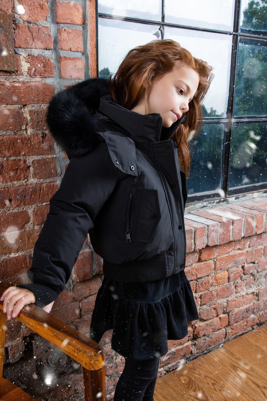 coat down bomber style with fur hood - black