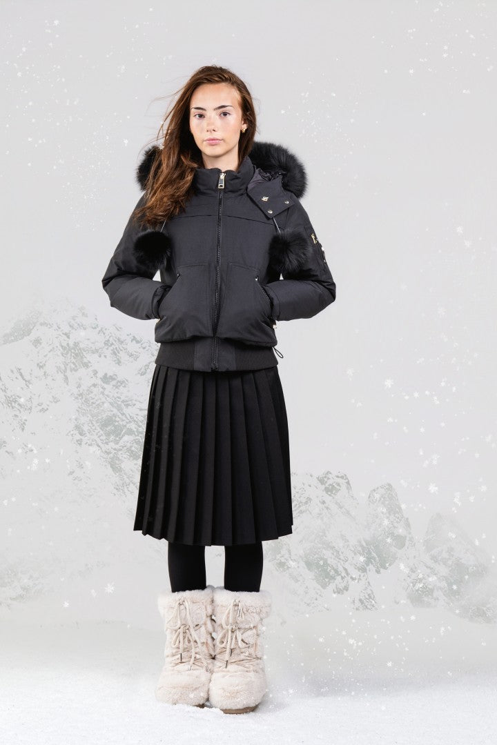 coat canvas pompom bomber with fur hood - black fox
