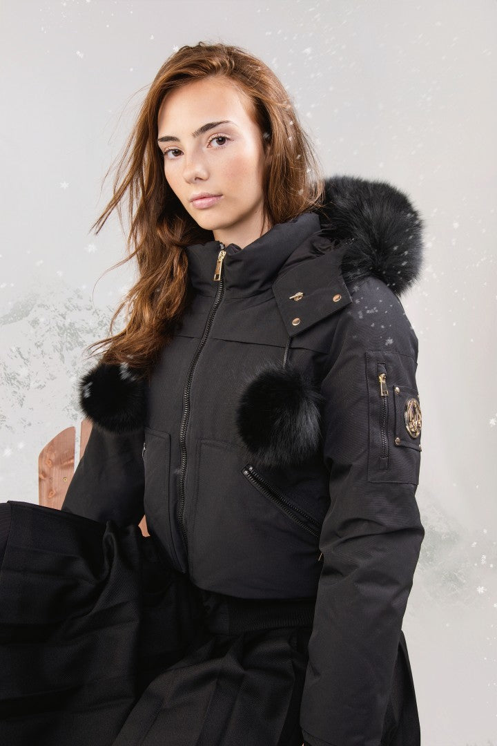 coat canvas pompom bomber with fur hood - black fox
