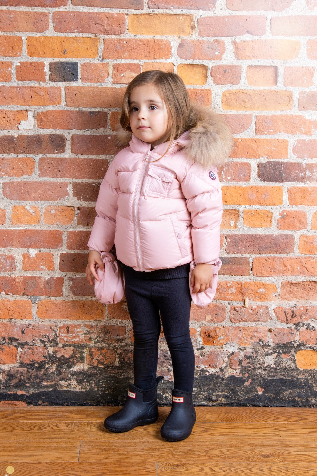 coat padded pockets with fur hood and detachable mittens - baby pink