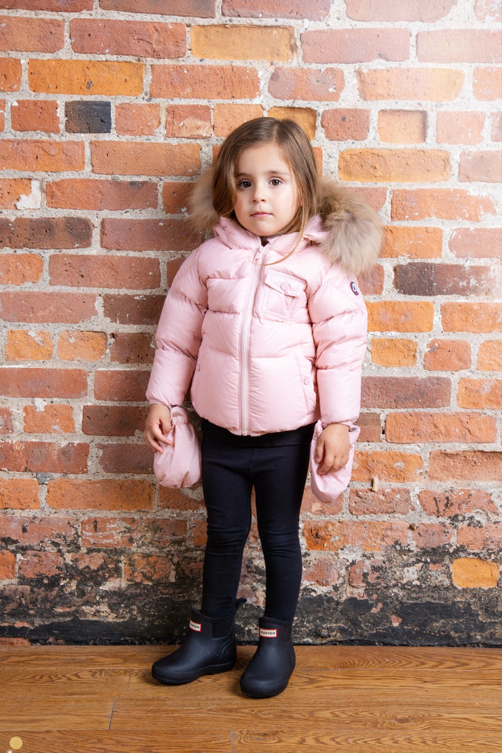 coat padded pockets with fur hood and detachable mittens - baby pink