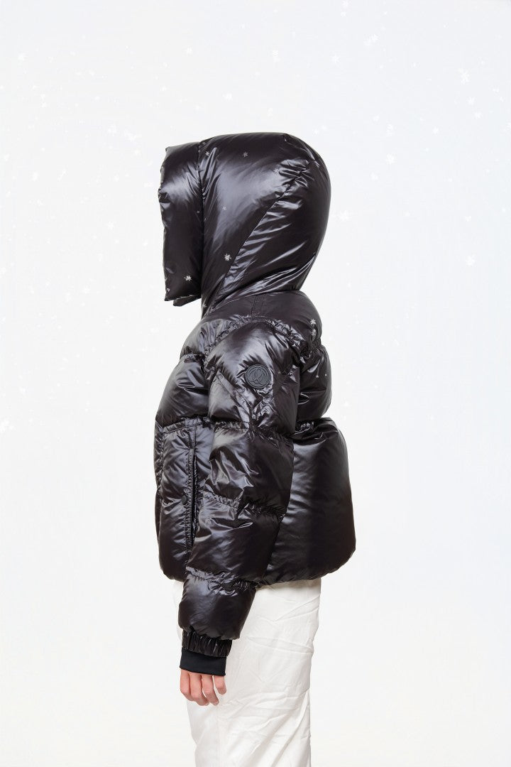 coat padded seam drawstring waist with hood - black/off white