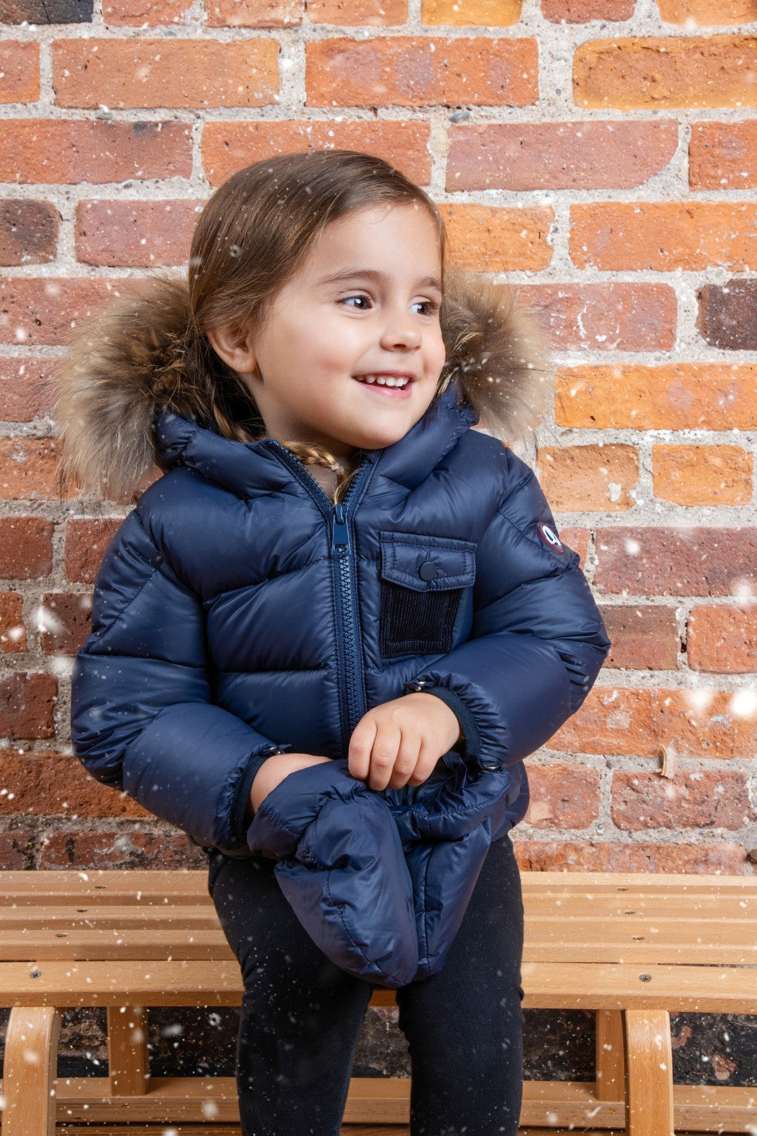coat padded pockets with fur hood and detachable mittens - navy