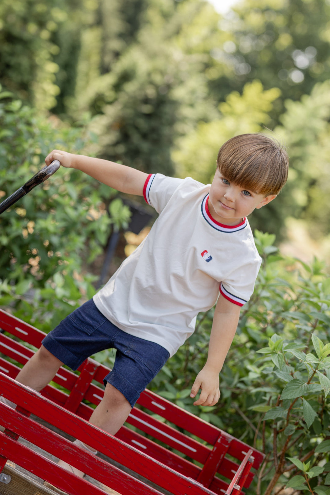 tee s/s striped trim with emblem - white