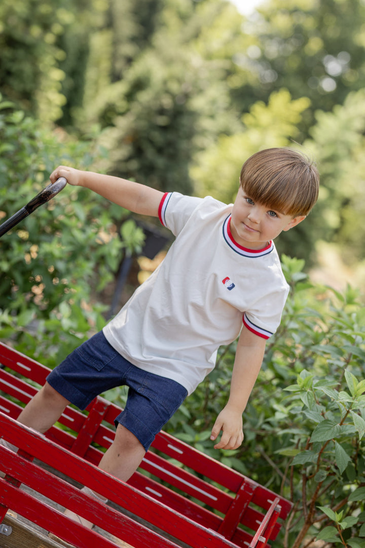 tee s/s striped trim with emblem - white