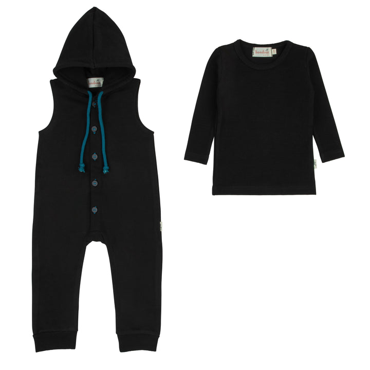 one piece long button up color string with hood - black/teal