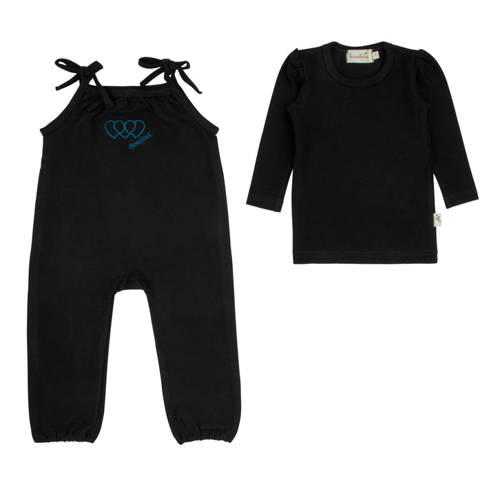 one piece tee l/s with long heart overalls - black/teal
