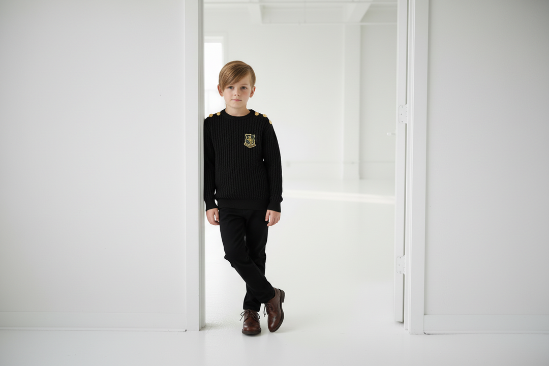 top l/s mini cable knit emblem sweater - black