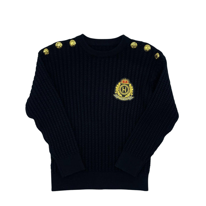 top l/s mini cable knit emblem sweater - black