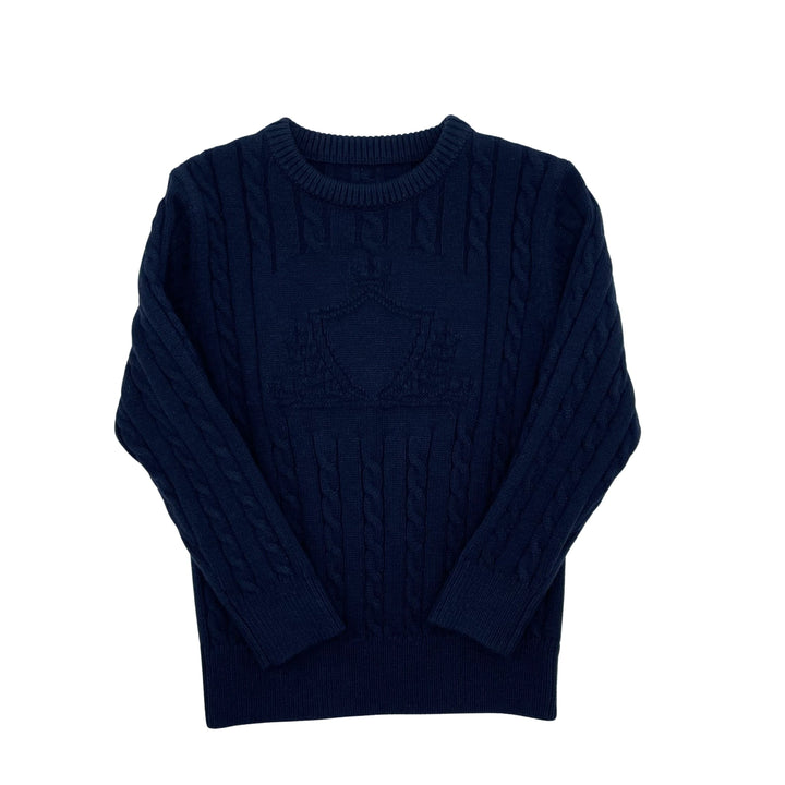 top l/s cable knit intarsia logo sweater - navy