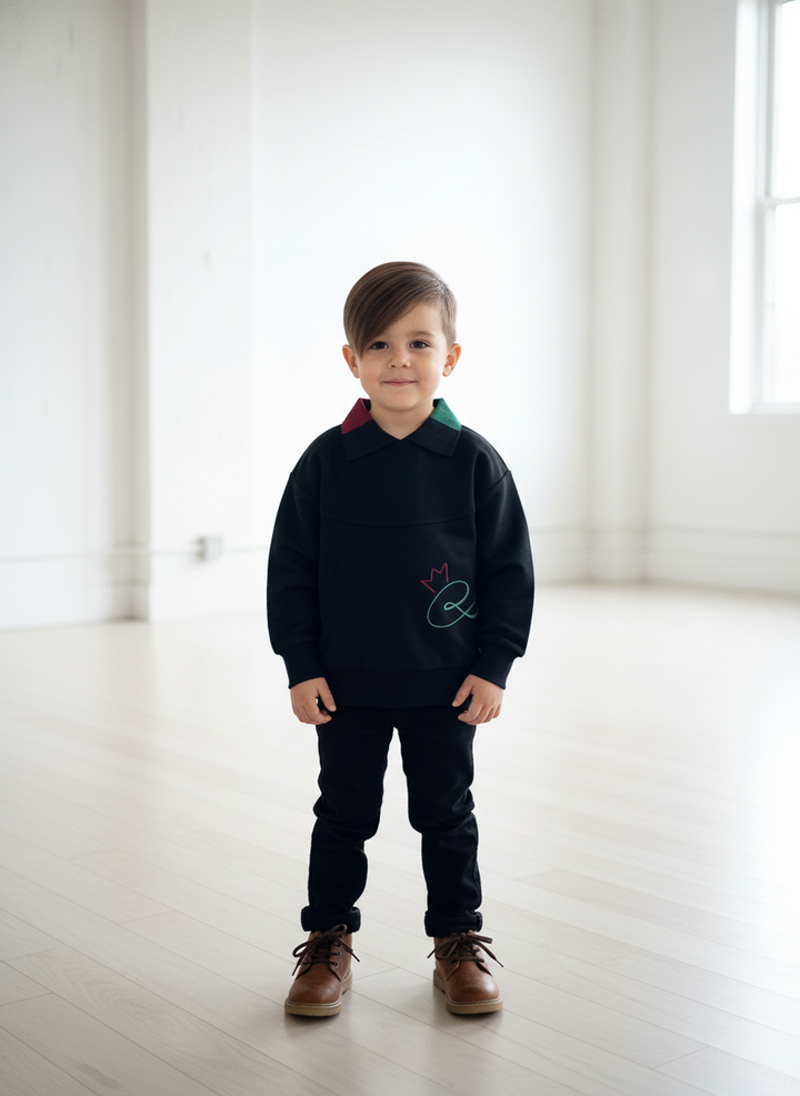 polo l/s embroidered sweatshirt with color block collar - black