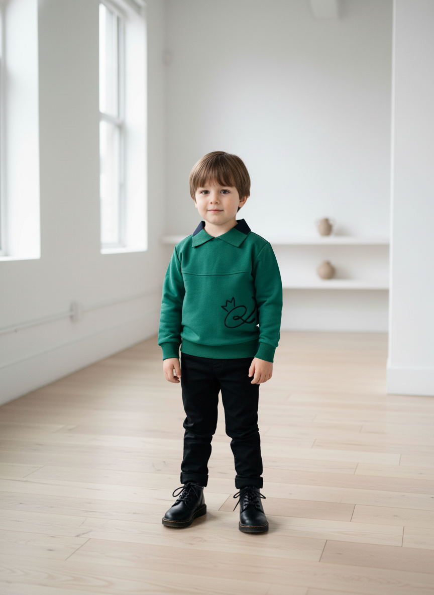 polo l/s embroidered sweatshirt with color block collar - hunter