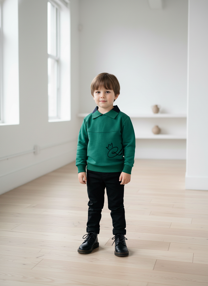 polo l/s embroidered sweatshirt with color block collar - hunter