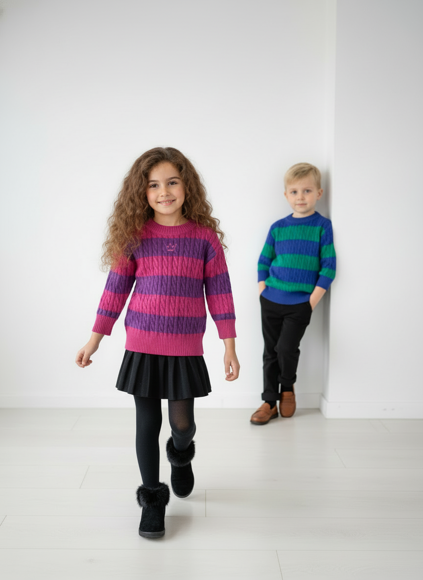 top l/s striped cable knit crown sweater - fuchsia