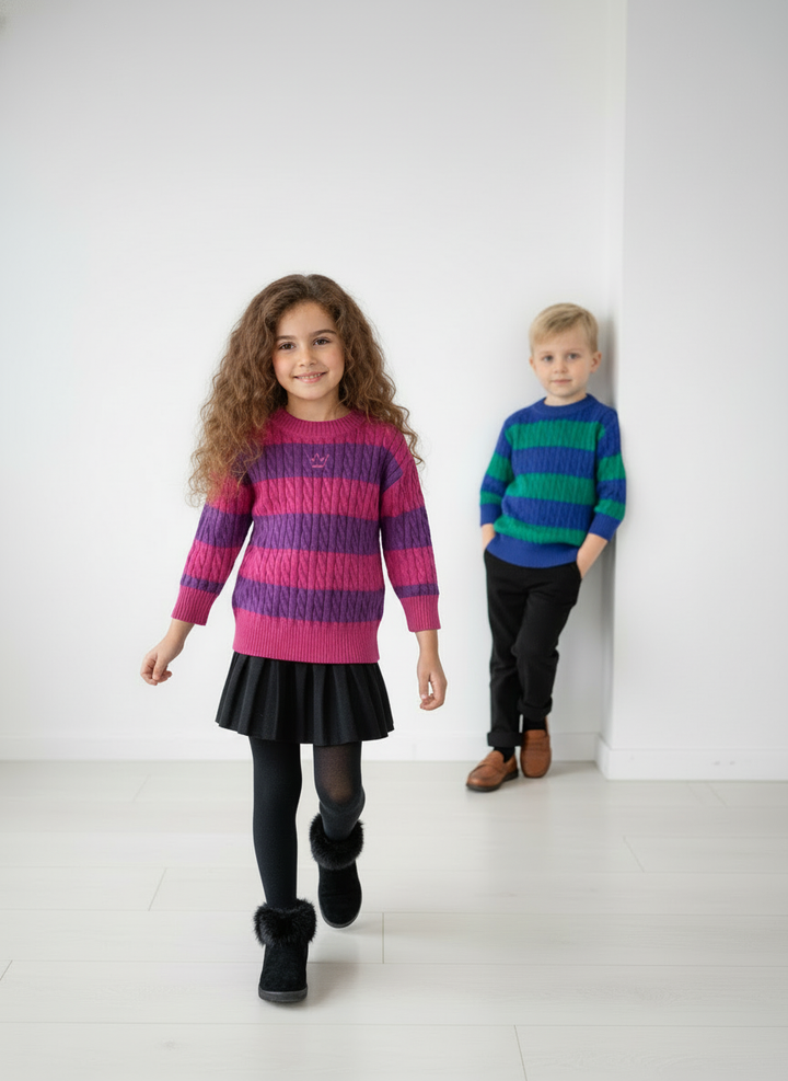 top l/s striped cable knit crown sweater - fuchsia