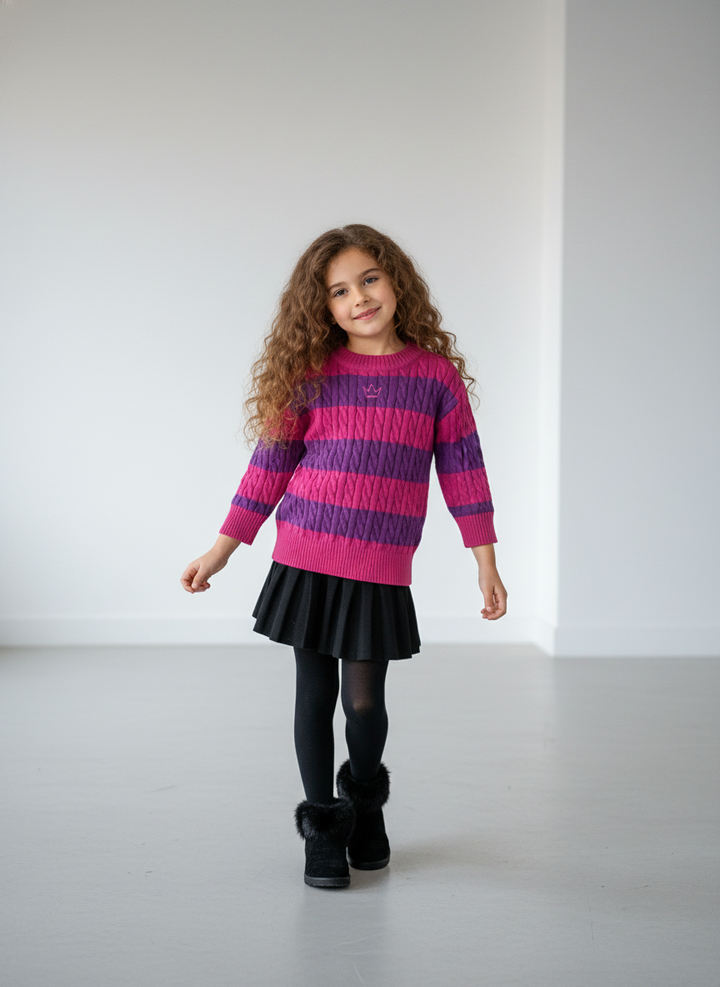 top l/s striped cable knit crown sweater - fuchsia