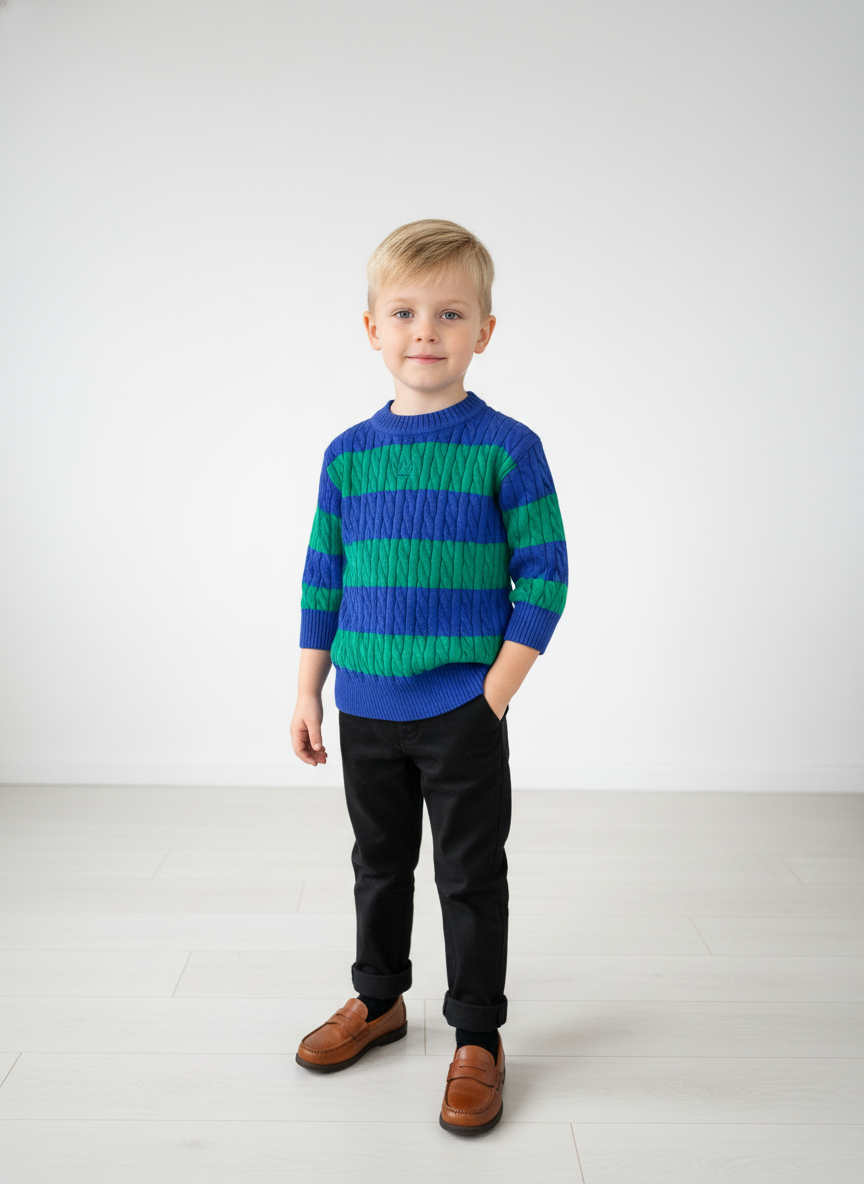 top l/s striped cable knit crown sweater - royal