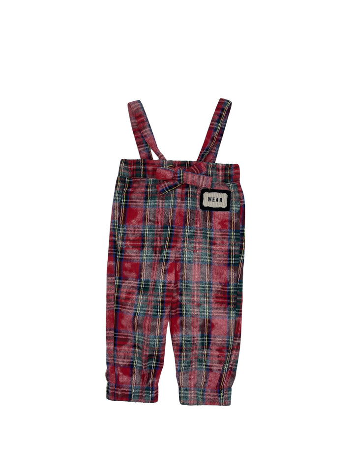 one piece washed scottish plaid long romper - red