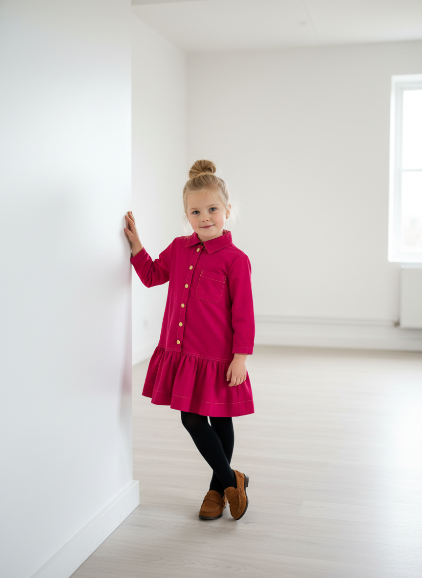 dress bold corduroy shirt style with ruffle hem - fuchsia