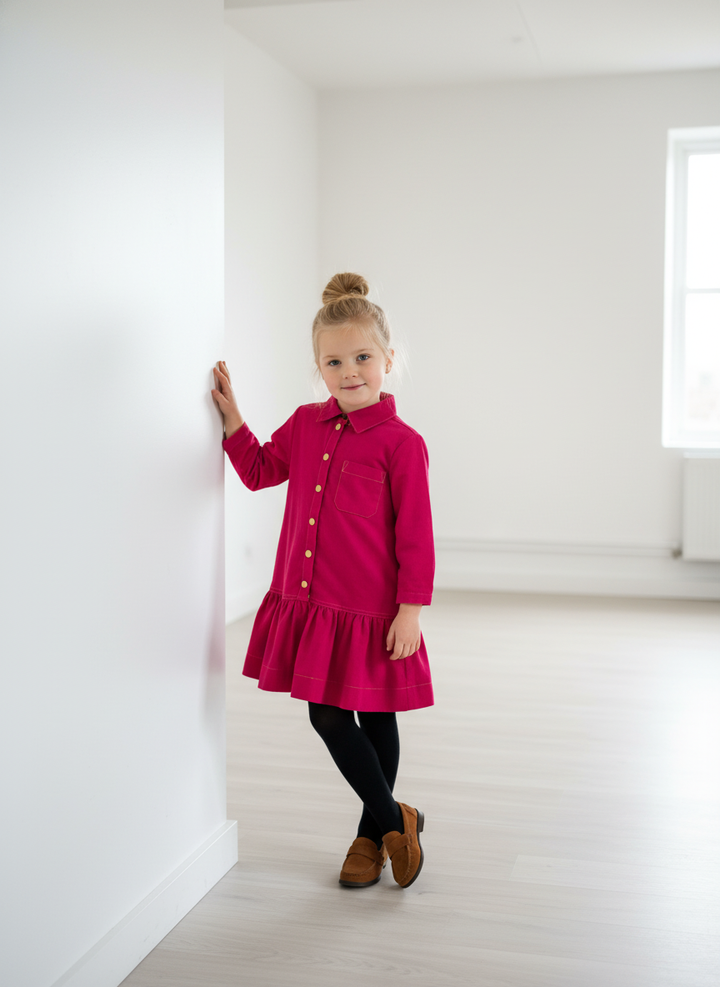 dress bold corduroy shirt style with ruffle hem - fuchsia