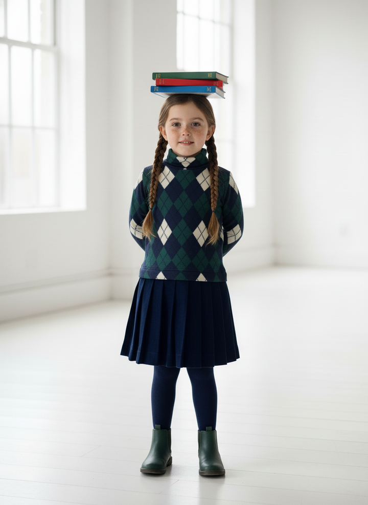 dress argyle knit turtleneck pleated bottom - hunter